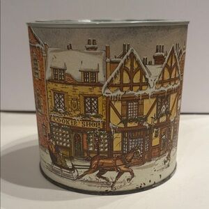 Vintage Tin Can Storage Container Metal Winter Christmas Village Scene